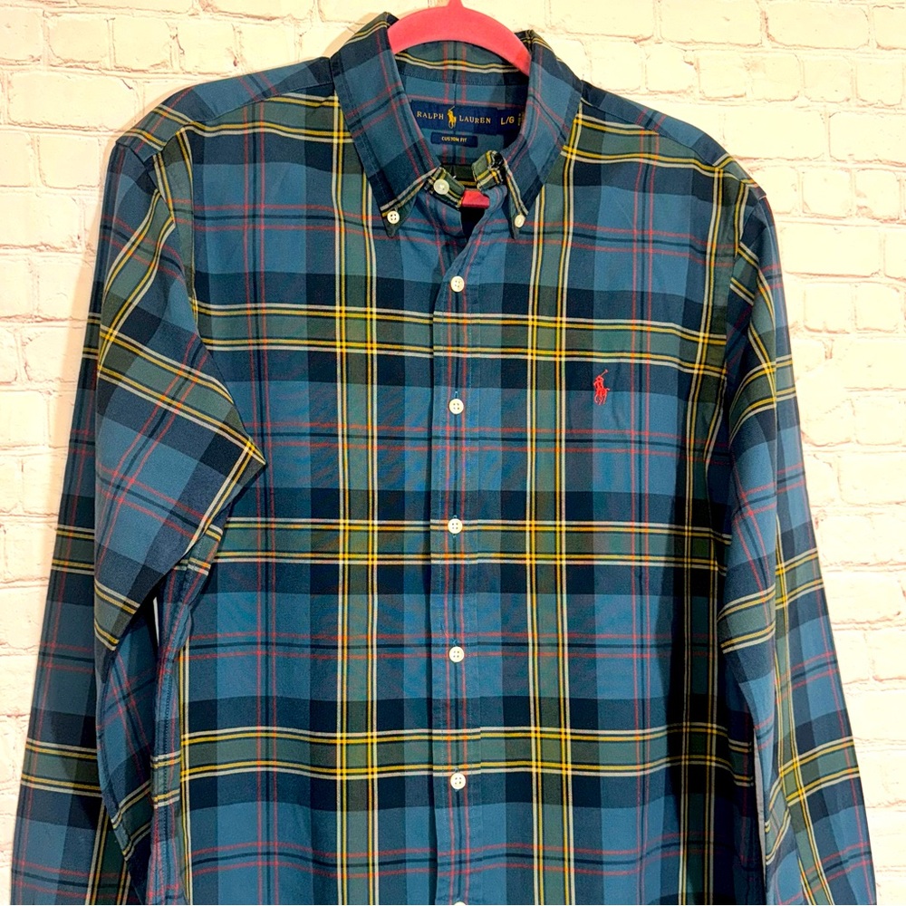 RALPH LAUREN Custom Fit Tartan Plaid Dress Shirt, Size Large